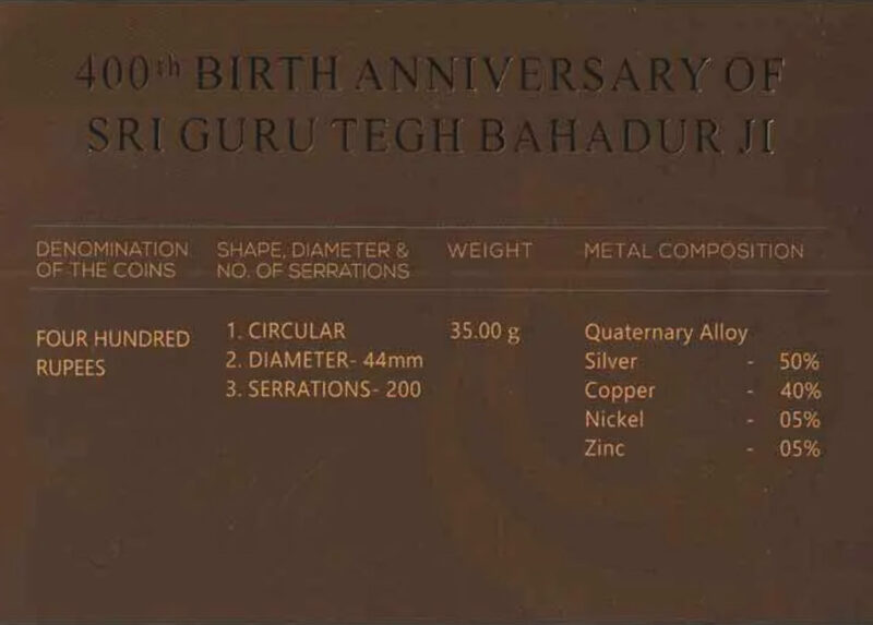 400th Birth Anniversary Of Sri Guru Tegh Bahadur Ji Mumbai Mint Proof Set 2022 Silver 400 Rupees - Image 2